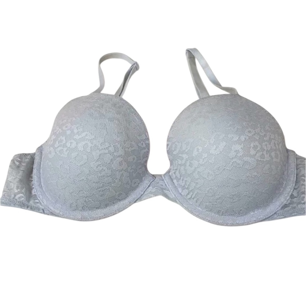 Victoria Secret Push Up Bra 38DD Grey Lace Padded LOGO Underwire Convertible
